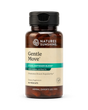 A bottle of Nature's Sunshine Gentle Move Stool Softener Blend dietary supplement, featuring an amber brown bottle, black cap, and a beige label with a teal accent band.