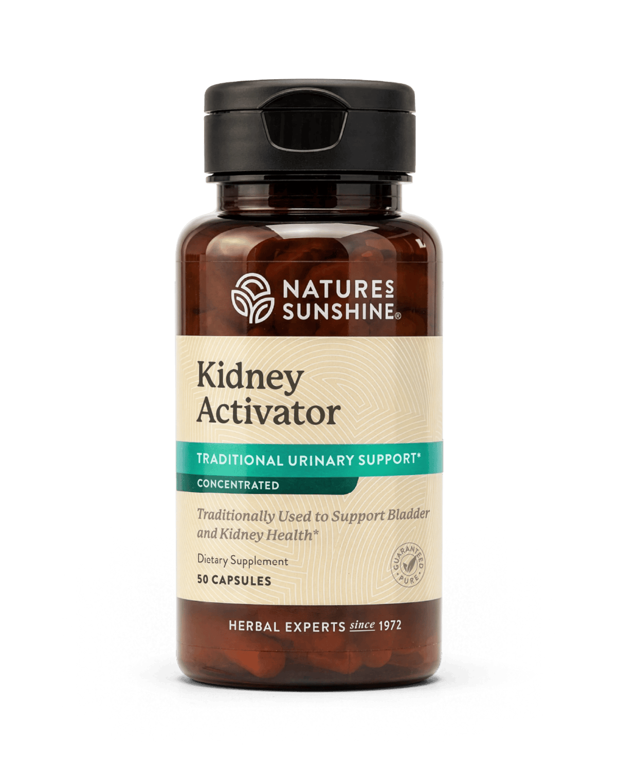 A bottle of Nature's Sunshine Kidney Activator dietary supplement, featuring an amber brown bottle, beige label, and black cap, set against a plain white background.