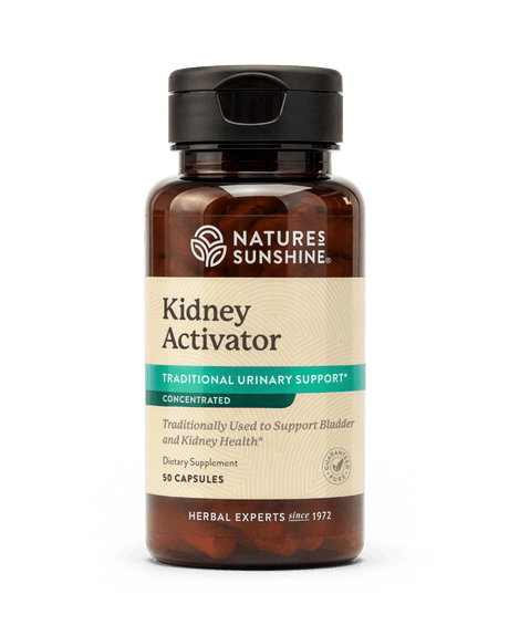 A bottle of Nature's Sunshine Kidney Activator dietary supplement, featuring an amber brown bottle, beige label, and black cap, set against a plain white background.