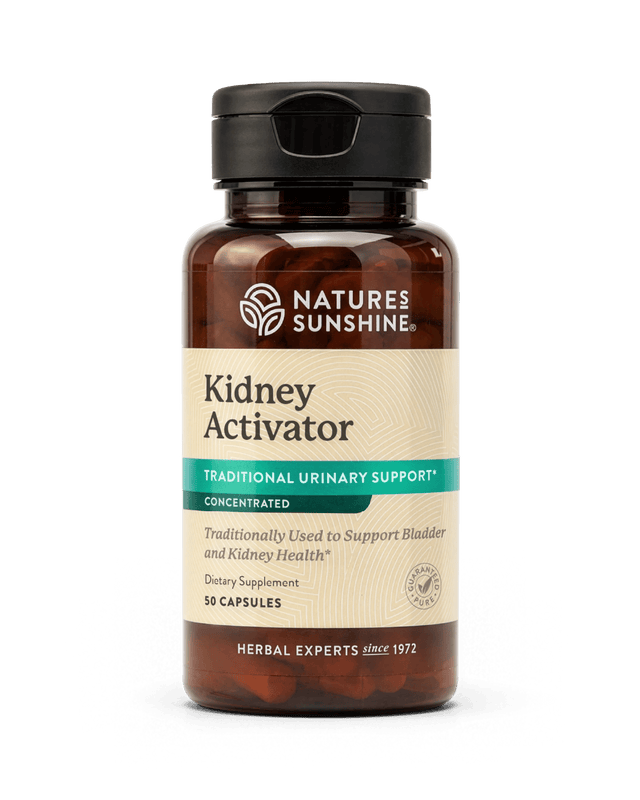 A bottle of Nature's Sunshine Kidney Activator dietary supplement, featuring an amber brown bottle, beige label, and black cap, set against a plain white background.