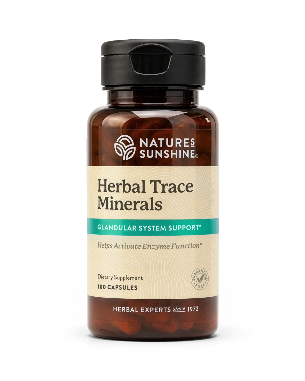A bottle of Nature's Sunshine Herbal Trace Minerals dietary supplement, containing 100 capsules, on a clean white background.