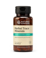 A bottle of Nature's Sunshine Herbal Trace Minerals dietary supplement, containing 100 capsules, on a clean white background.