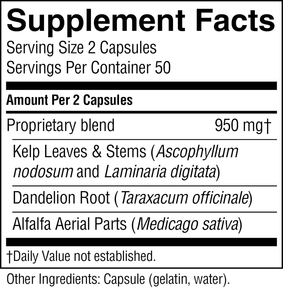 A close-up of a supplement facts label showing serving size 2 capsules, 50 servings per container, and a proprietary blend of 950 mg. The label lists Kelp Leaves & Stems, Dandelion Root, Alfalfa Aerial Parts, and notes capsule ingredients gelatin and water.