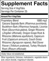 A close-up of a supplement facts label for VegiTabs, showing serving size 4 VegiTabs, servings per container 25, and a proprietary blend list including Cascara Sagrada Bark, Buckthorn Bark, Licorice Root, Ginger Rhizome, Oregon Grape Root & Rhizome, Capsicum Fruit, Couch Grass Rhizome, Red Clover Flower, and Turkey Rhubarb Root.