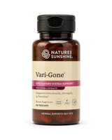 Nature's Sunshine Vari-Gone Circulatory System Support dietary supplement bottle with amber brown plastic and a black flip-top cap, shown on a white background.