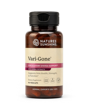 Nature's Sunshine Vari-Gone Circulatory System Support dietary supplement bottle with amber brown plastic and a black flip-top cap, shown on a white background.