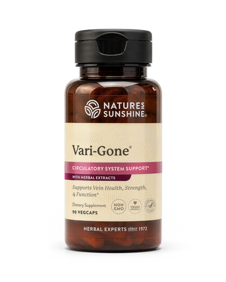 Nature's Sunshine Vari-Gone Circulatory System Support dietary supplement bottle with amber brown plastic and a black flip-top cap, shown on a white background.