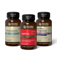 Three amber supplement bottles from Nature's Sunshine on a white background: Proactzyme on the left, Anti-Gas in the center with a red label, and Bacillus Coagulans on the right.