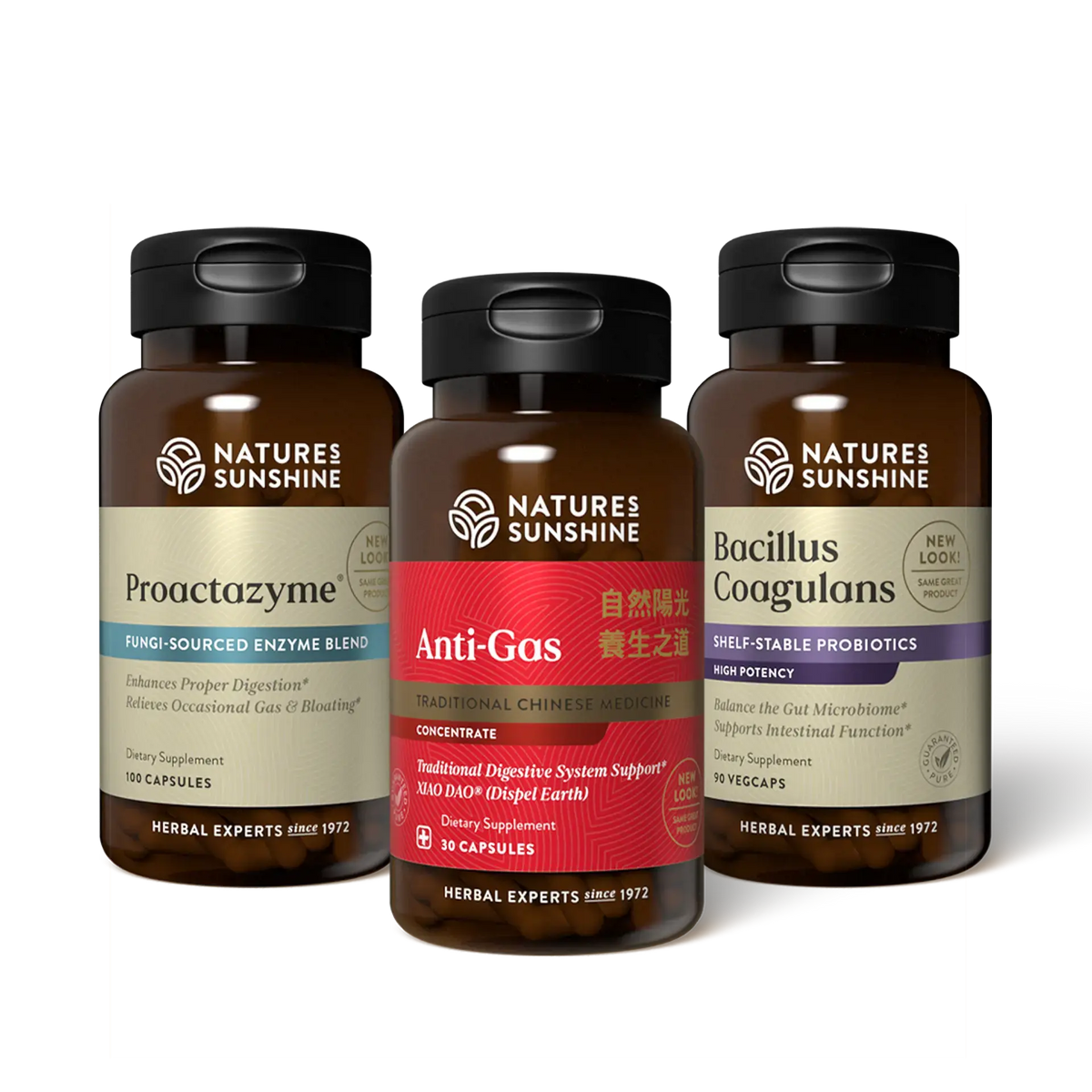 Three amber supplement bottles from Nature's Sunshine on a white background: Proactzyme on the left, Anti-Gas in the center with a red label, and Bacillus Coagulans on the right.