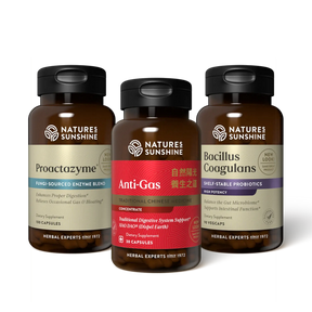 Three amber supplement bottles from Nature's Sunshine on a white background: Proactzyme on the left, Anti-Gas in the center with a red label, and Bacillus Coagulans on the right.