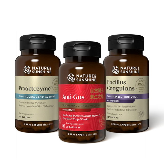 Three amber supplement bottles from Nature's Sunshine on a white background: Proactzyme on the left, Anti-Gas in the center with a red label, and Bacillus Coagulans on the right.