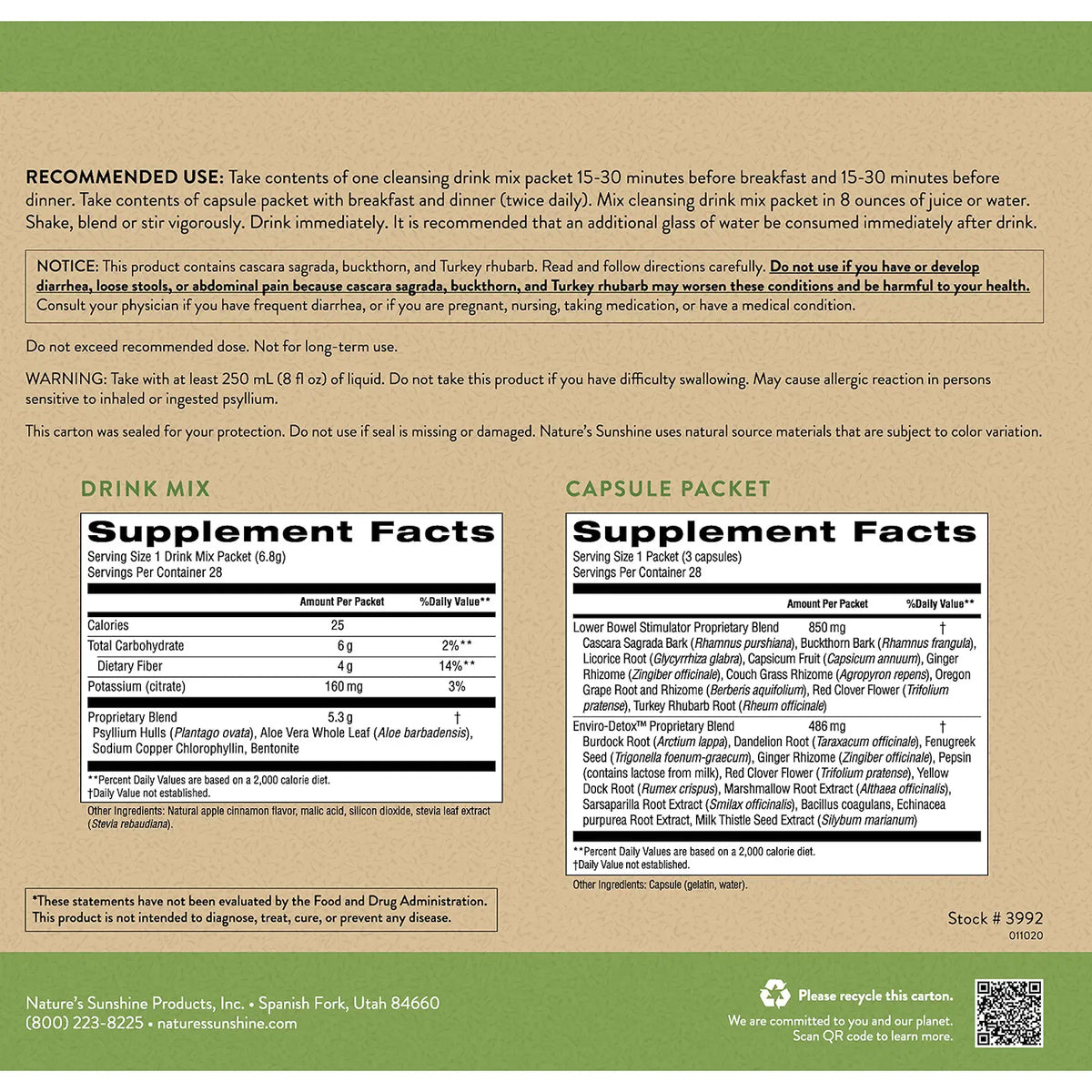 Back of a supplement bottle package showing recommended use, supplement facts, capsule packet information, and a barcode, with a beige background and black text.