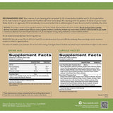 Back of a supplement bottle package showing recommended use, supplement facts, capsule packet information, and a barcode, with a beige background and black text.