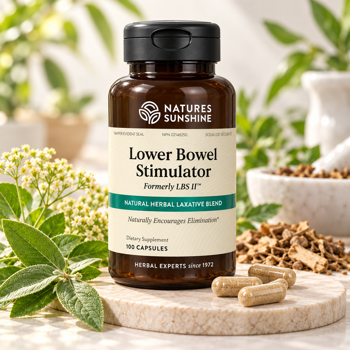 A bottle of Nature's Sunshine Lower Bowel Stimulator dietary supplement, styled on a marble tray with loose capsules and herbal ingredients against a soft-focus background of green leaves.