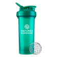 A translucent teal shaker bottle with a matching lid and a separate metal mixing ball, shown on a plain white background. The bottle features the 'NATURES SUNSHINE' logo printed in white.