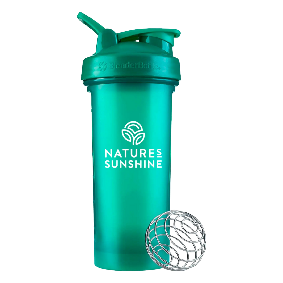 A translucent teal shaker bottle with a matching lid and a separate metal mixing ball, shown on a plain white background. The bottle features the 'NATURES SUNSHINE' logo printed in white.