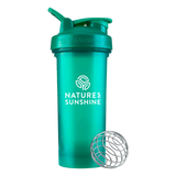 A translucent teal shaker bottle with a matching lid and a separate metal mixing ball, shown on a plain white background. The bottle features the 'NATURES SUNSHINE' logo printed in white.