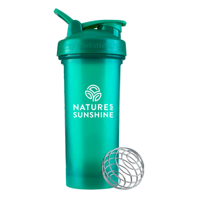 A translucent teal shaker bottle with a matching lid and a separate metal mixing ball, shown on a plain white background. The bottle features the 'NATURES SUNSHINE' logo printed in white.