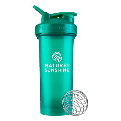 A translucent teal shaker bottle with a matching lid and a separate metal mixing ball, shown on a plain white background. The bottle features the 'NATURES SUNSHINE' logo printed in white.