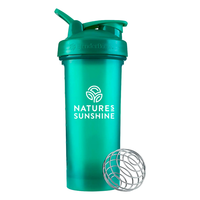 A translucent teal shaker bottle with a matching lid and a separate metal mixing ball, shown on a plain white background. The bottle features the 'NATURES SUNSHINE' logo printed in white.