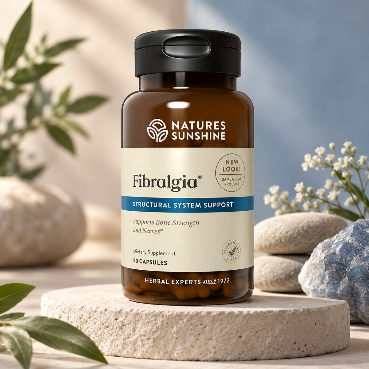 A bottle of Natures Sunshine Fibralgia dietary supplement, 90 capsules, displayed on a stone pedestal with natural rocks and leaves in the background.