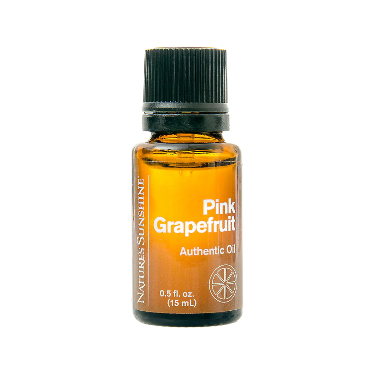 A 15 mL amber glass bottle of Natures Sunshine Pink Grapefruit Essential Oil with a black ribbed cap, shown on a solid white background.