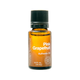 A 15 mL amber glass bottle of Natures Sunshine Pink Grapefruit Essential Oil with a black ribbed cap, shown on a solid white background.
