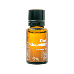 A 15 mL amber glass bottle of Natures Sunshine Pink Grapefruit Essential Oil with a black ribbed cap, shown on a solid white background.