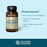 Nature's Sunshine Proactazyme Fungi-Sourced Enzyme Blend in a dark amber bottle with a black cap, shown on a light blue background with product benefits text and a dark teal footer with the Nature's Sunshine logo.