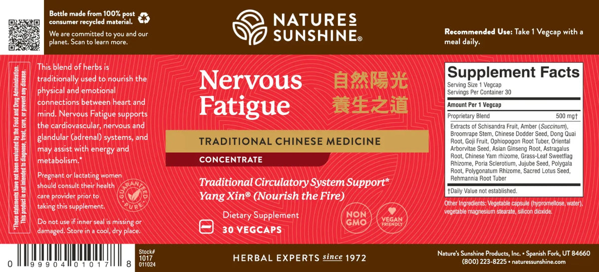 Natures Sunshine Nervous Fatigue Traditional Chinese Medicine Concentrate herbal supplement bottle label, featuring a red and brown design with product details, ingredients, and supplement facts.