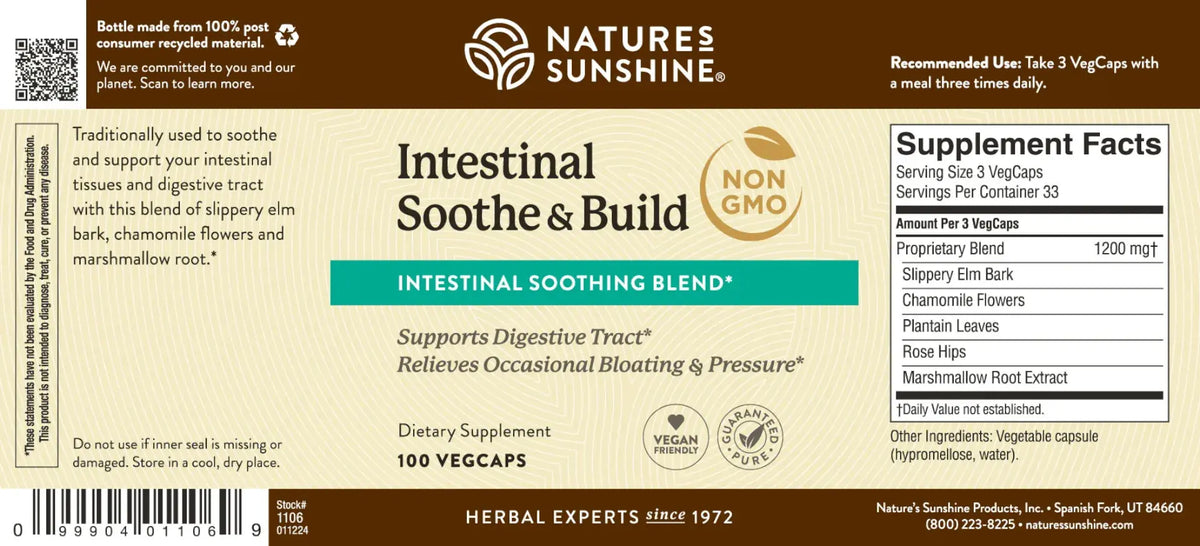 Front of a Nature's Sunshine Intestinal Soothe & Build supplement box label, showing product name, supplement facts panel, ingredients list, and barcode on a beige background.