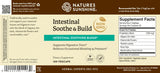 Front of a Nature's Sunshine Intestinal Soothe & Build supplement box label, showing product name, supplement facts panel, ingredients list, and barcode on a beige background.