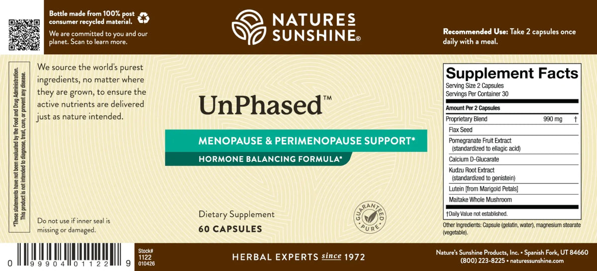Natures Sunshine Unphased Menopause & Perimenopause Support dietary supplement box, featuring a beige and white label with a teal banner, product details, and a supplement facts panel.