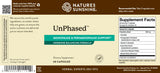 Natures Sunshine Unphased Menopause & Perimenopause Support dietary supplement box, featuring a beige and white label with a teal banner, product details, and a supplement facts panel.