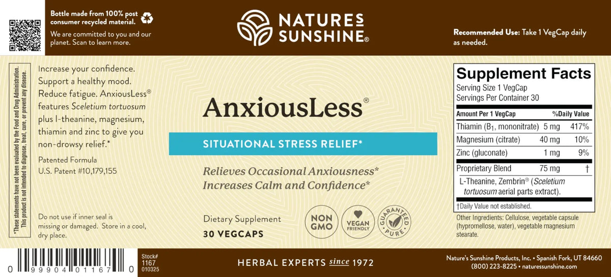 Natures Sunshine AnxiousLess dietary supplement label showing product details, supplement facts, and a barcode on a beige background.