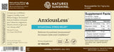 Natures Sunshine AnxiousLess dietary supplement label showing product details, supplement facts, and a barcode on a beige background.