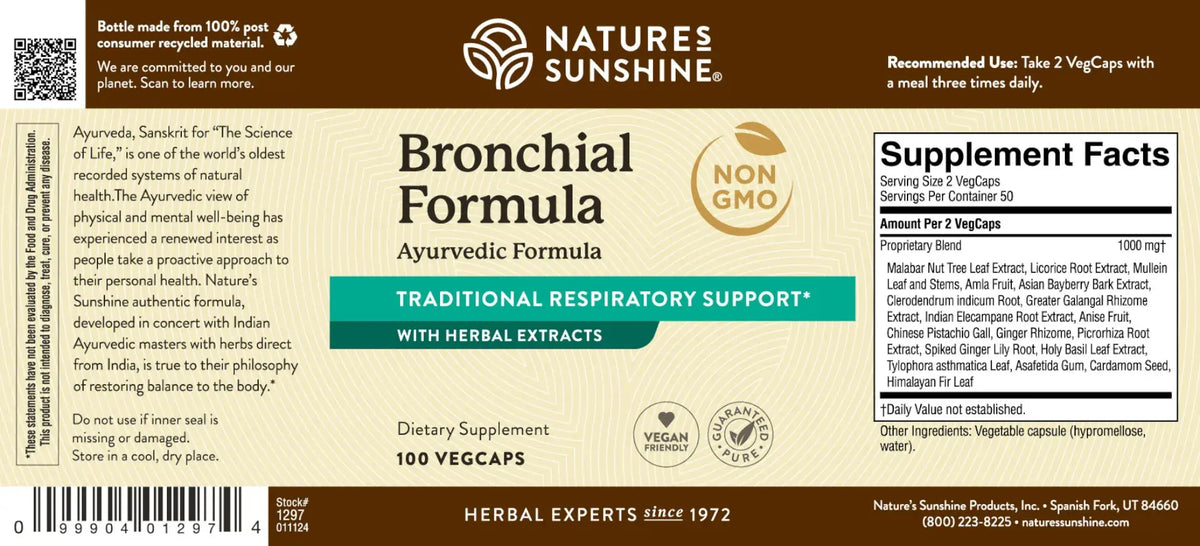 Natures Sunshine Bronchial Formula Ayurvedic supplement label showing supplement facts, ingredients, and usage instructions on a beige background with black and green text.