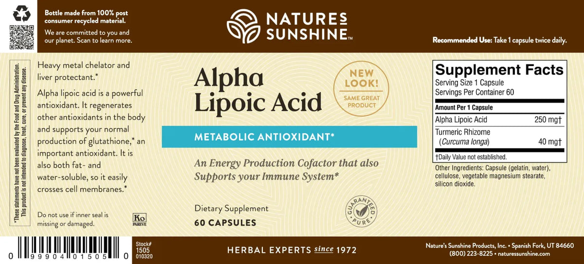 The back label of a Nature's Sunshine Alpha Lipoic Acid dietary supplement bottle, showing product details, usage instructions, and a Supplement Facts panel on a beige background.