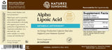 The back label of a Nature's Sunshine Alpha Lipoic Acid dietary supplement bottle, showing product details, usage instructions, and a Supplement Facts panel on a beige background.