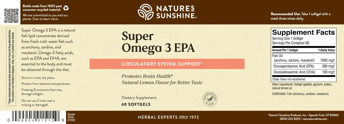 Nature's Sunshine Super Omega 3 EPA dietary supplement bottle label, featuring a brown and cream design with product details, supplement facts, and a barcode.