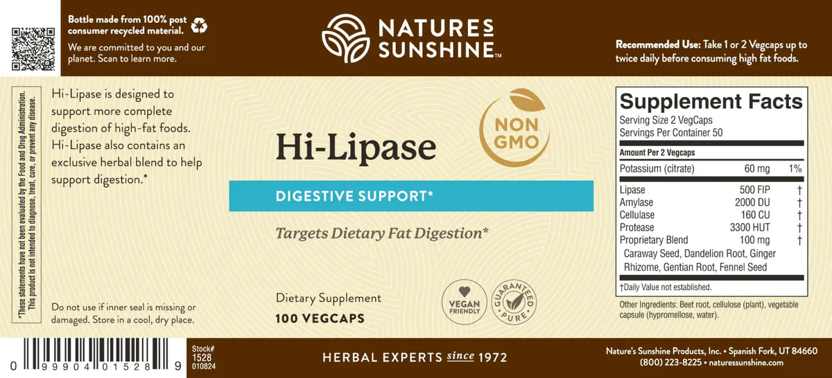 Natures Sunshine Hi-Lipase dietary supplement label showing 100 veggels, with product name, ingredients, supplement facts, and barcode on a brown and cream background.