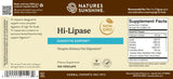 Natures Sunshine Hi-Lipase dietary supplement label showing 100 veggels, with product name, ingredients, supplement facts, and barcode on a brown and cream background.