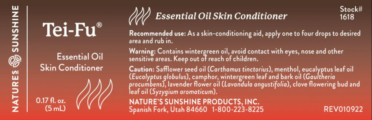 Natures Sunshine Tei-Fu Essential Oil Skin Conditioner bottle label, showing product details, usage instructions, and warnings on a brown-to-red gradient background.