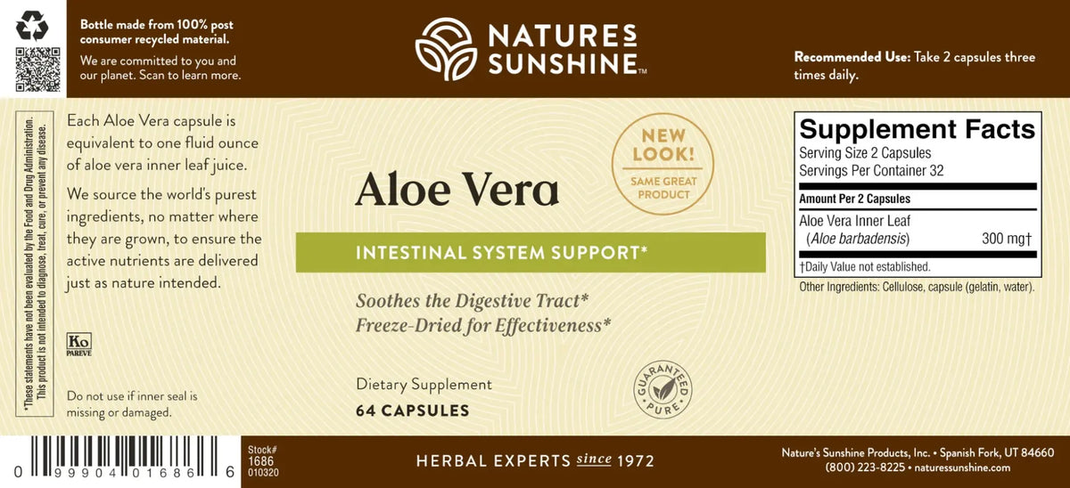 Natures Sunshine Aloe Vera dietary supplement bottle label showing product details, supplement facts, and a barcode on a beige background.