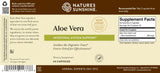 Natures Sunshine Aloe Vera dietary supplement bottle label showing product details, supplement facts, and a barcode on a beige background.