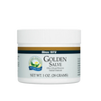 A white plastic jar of Nature's Sunshine Golden Salve herbal ointment, featuring a white ribbed cap and a label with olive green, gold, and navy blue accents.
