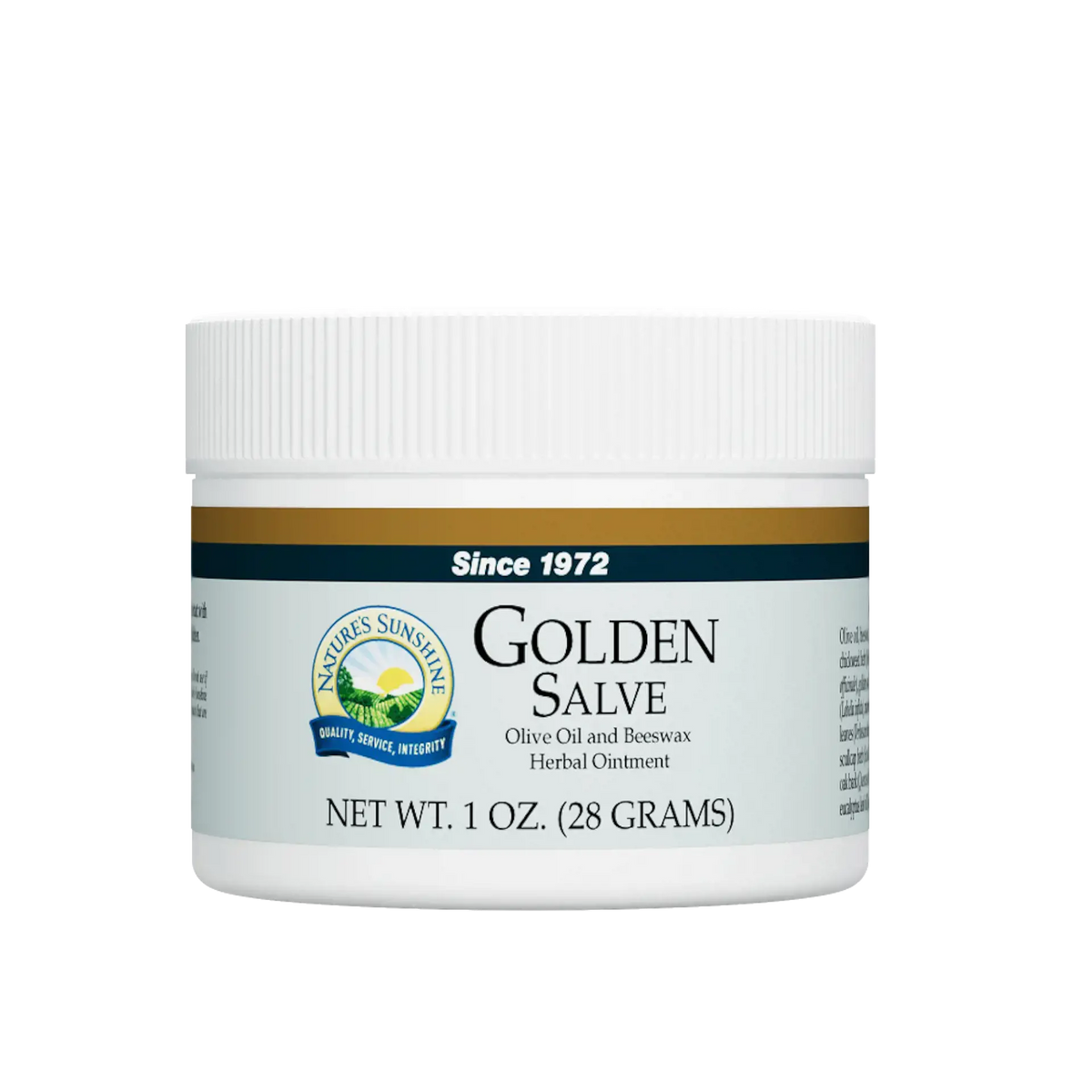 A white plastic jar of Nature's Sunshine Golden Salve herbal ointment, featuring a white ribbed cap and a label with olive green, gold, and navy blue accents.
