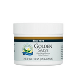A white plastic jar of Nature's Sunshine Golden Salve herbal ointment, featuring a white ribbed cap and a label with olive green, gold, and navy blue accents.