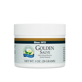 A white plastic jar of Nature's Sunshine Golden Salve herbal ointment, featuring a white ribbed cap and a label with olive green, gold, and navy blue accents.