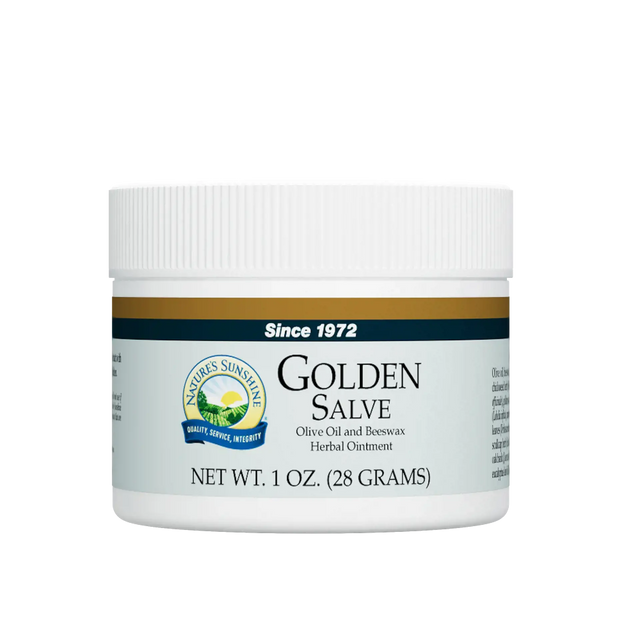 A white plastic jar of Nature's Sunshine Golden Salve herbal ointment, featuring a white ribbed cap and a label with olive green, gold, and navy blue accents.
